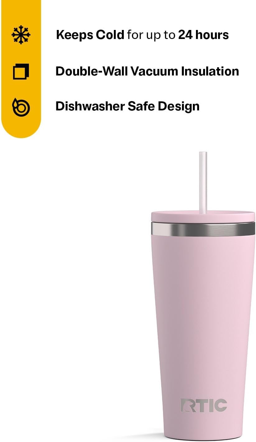 RTIC 20oz Everyday Tumbler Insulated Stainless Steel Portable Travel Coffee Cup with Straw, Ceramic Lining, Spill-Resistant Lid, BPA-Free, Hot and Cold Drink, Beach