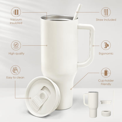 Floral Tumbler with Handle 40oz, Stainless Steel Insulated Tumblers Coffee Travel Mug Cup with Straw, Flower Coffee Cup Gifts for Women Girls, Gift for Her on Christmas Birthday Mothers Day