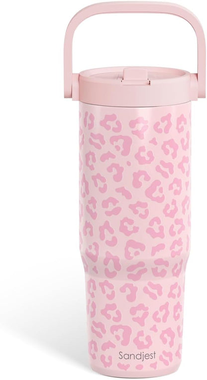 SANDJEST Leopard Skin Stainless Steel Straw Lid Tumbler 30oz with Carry Handle for Women Girls, Insulated Travel Coffee Cup, Gift for Sports Outdoor Workout Christmas Birthday (Beige)