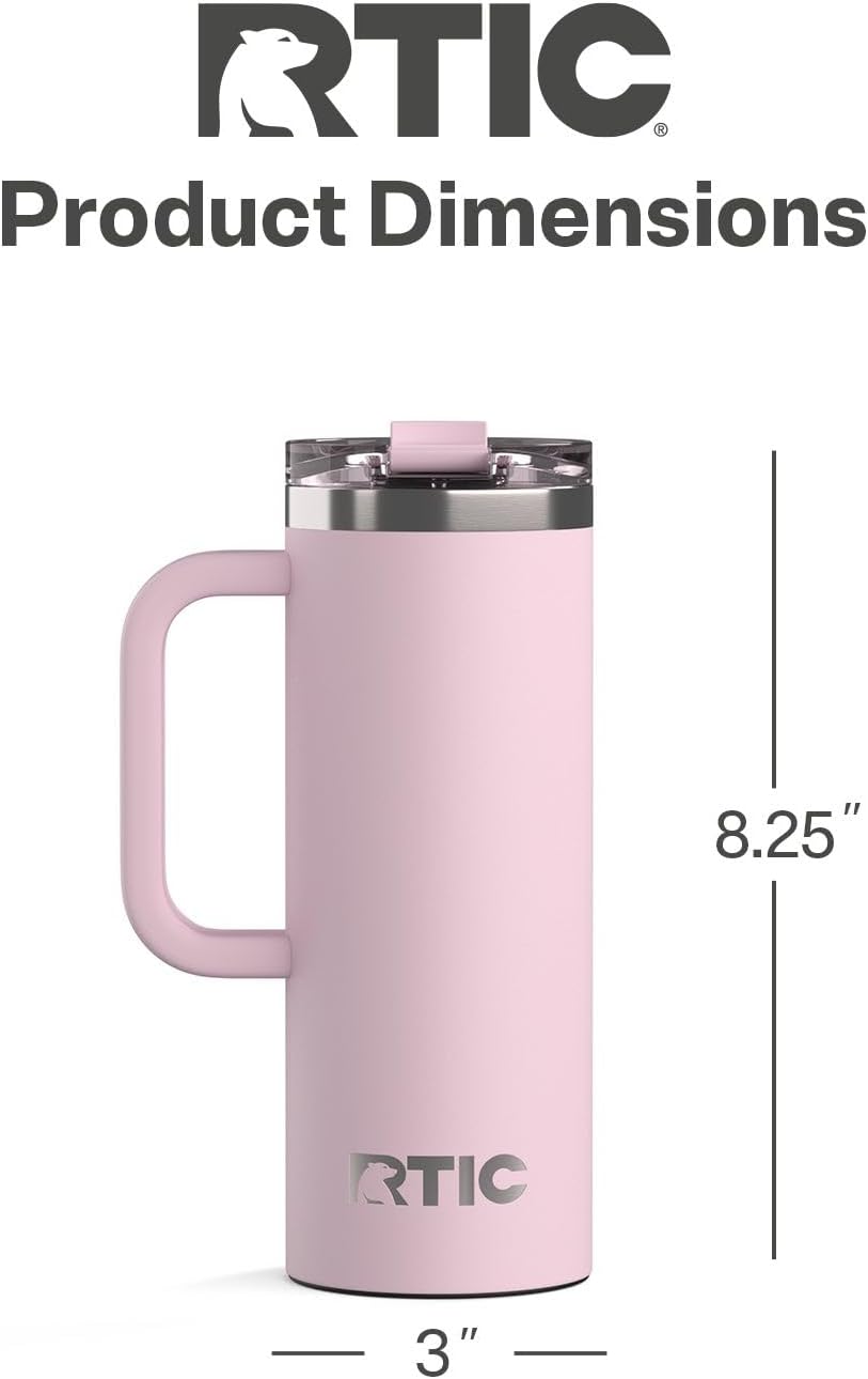 RTIC 20oz Road Trip Travel Mug with Lid and Handle, Ceramic Lined, Insulated, Stainless Steel, Metal, Double Wall Vacuum-Insulation, Portable Coffee, Tea Cup for Hot and Cold Drink, Black