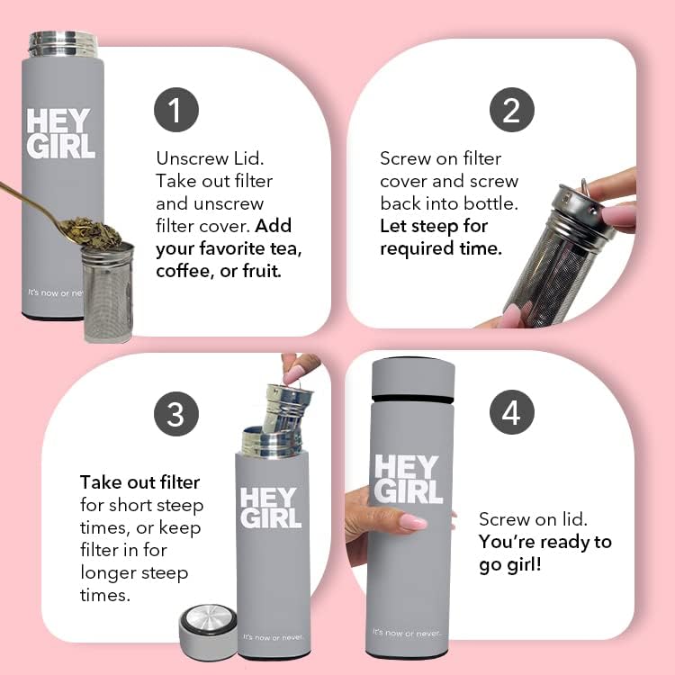 Hey Girl Tea Infuser Bottle 450ml - Insulated Stainless Steel Water Bottle - Tea Tumbler with Tea Diffuser - Portable Travel Mug for Loose Leaf Tea & Infused Water - Tea Lovers Gifts for Women (Pink)