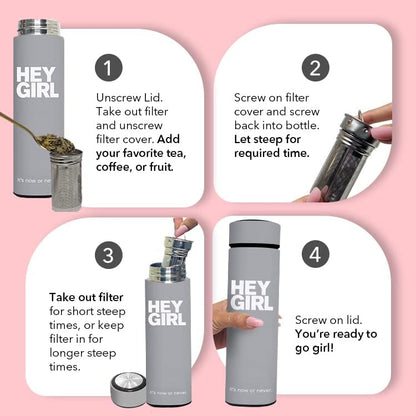 Hey Girl Tea Infuser Bottle 450ml - Insulated Stainless Steel Water Bottle - Tea Tumbler with Tea Diffuser - Portable Travel Mug for Loose Leaf Tea & Infused Water - Tea Lovers Gifts for Women (Pink)
