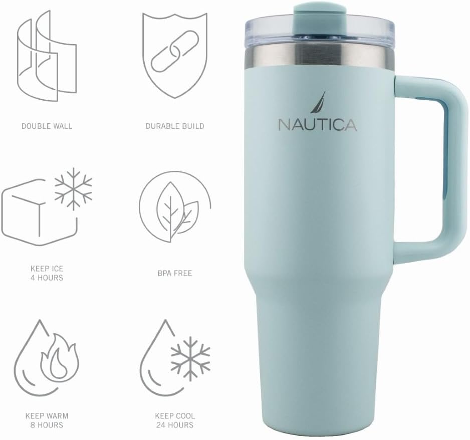 Nautica 40oz Insulated Tumbler with Handle and Straw, Stainless Steel Double Wall Vacuum Travel Mug, Leak-Resistant 3-Way Lid, Keeps Cold for 24 Hours, Fits Car Cup Holders (NAVY)