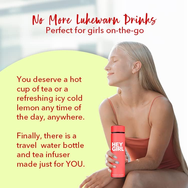 Hey Girl Tea Infuser Bottle 450ml - Insulated Stainless Steel Water Bottle - Tea Tumbler with Tea Diffuser - Portable Travel Mug for Loose Leaf Tea & Infused Water - Tea Lovers Gifts for Women (Pink)