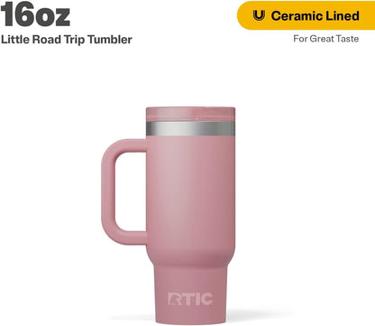 RTIC Little Road Trip Tumbler 16oz for Kids with Straw Lid and Handle, Ceramic Lined, Insulated Stainless Steel Travel Water Mug Cup, Leak-Proof, RTIC Ice Glitter