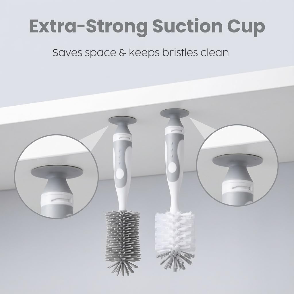 Ariseno 5-in-1 Baby Bottle Cleaner Set, Including Nylon & Silicone Bottle Brush, Cap, Straw & Nipple Brushes, BPA-Free (Grey)