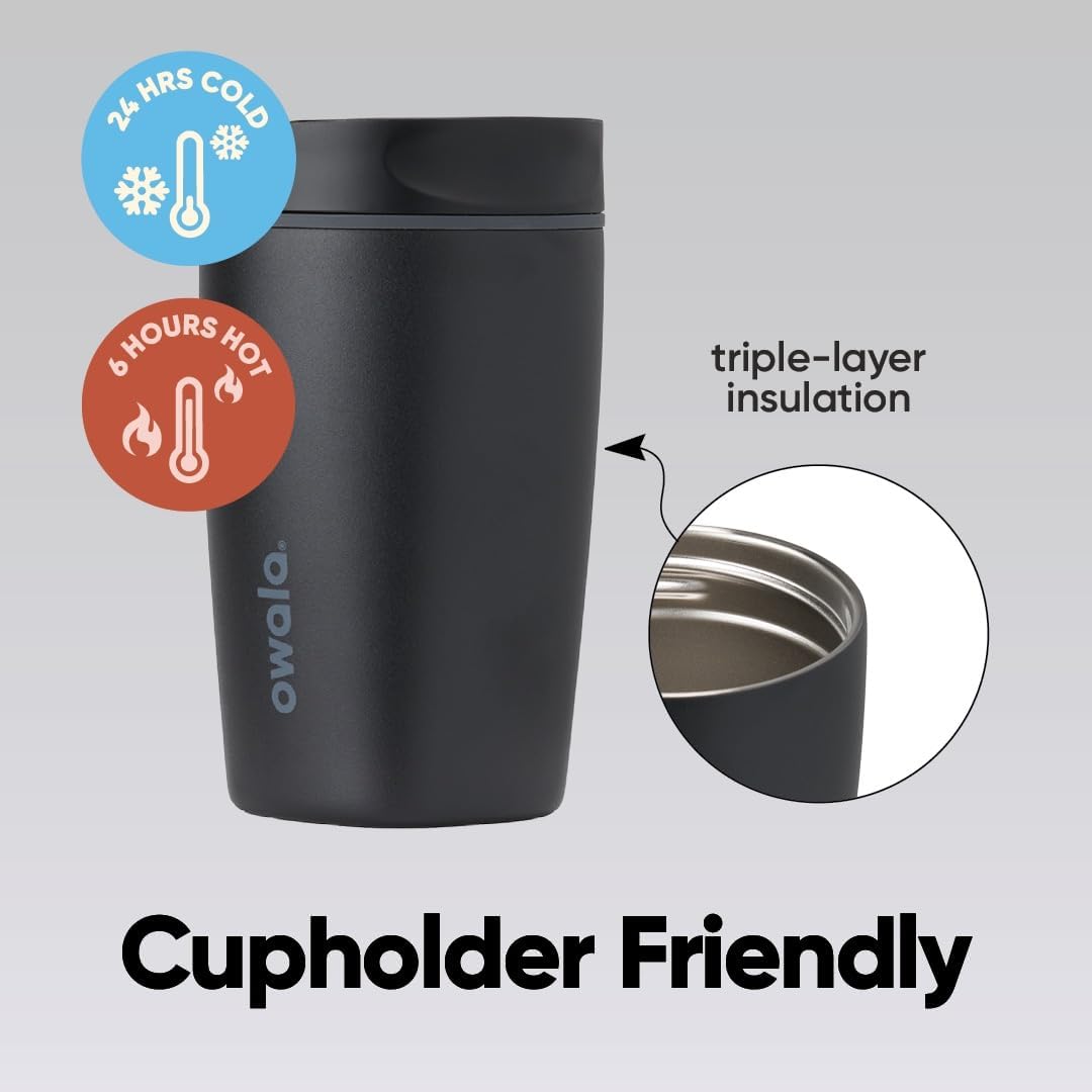 Owala SmoothSip Slider Ceramic-Lined Insulated Stainless Steel Coffee Tumbler, No Metallic Taste Reusable Travel Mug, Hot Iced Coffee Cup, BPA Free 20 oz, Very, Very Dark