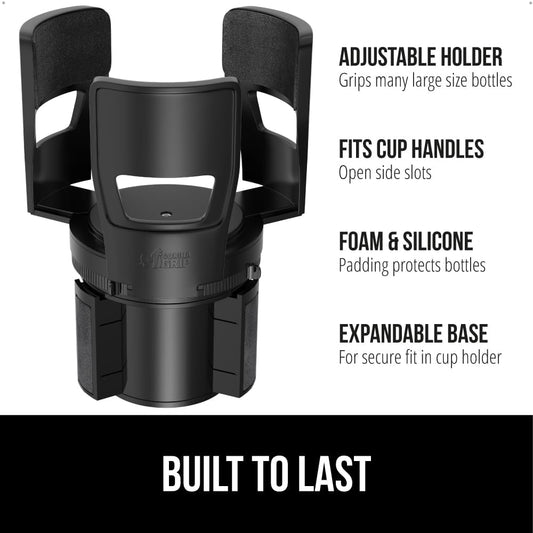 GORILLA GRIP Patent Pending Adjustable Car Cup Holder Expander, Keeps Water Bottle Secure, Expands to Fit 18 to 48 oz Large Bottles, Yeti, Owala, Stanley with Handle, Coffee Mug Insert for Cars, Black