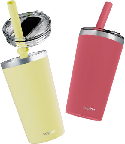 CUPKIN Stainless Steel Insulated Tumbler with Lid and Straw, 20 oz Stainless Steel Cups, Set of 2 Travel Coffee Mug for Adults, Iced Coffee Cup with Lid, Tumbler for Travel (Coral + Yellow)