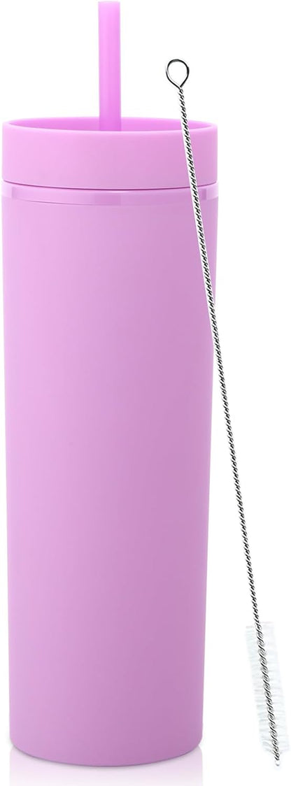Volhoply 20oz Plastic Skinny Tumbler,Double Wall Tumblers with Lid and Straw,Reusable Travel Iced Coffee Mug,BPA Free Matte Acrylic Water Cups With Straw for Parties,DIY Gifts(Clear,1 Set)