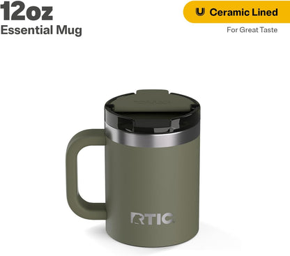 RTIC 12oz Essential Mug with Lid and Handle, Ceramic Lined, Insulated, Stainless Steel, Metal, Double Wall Vacuum-Insulation, Portable, Travel Cup for Hot and Cold Drink, Beach