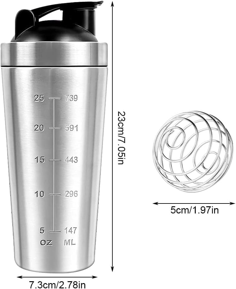 Protein Shaker Bottle 750ml, Stainless Steel Protein Shaker Cup, Gym Shaker Bottle, Protein Mixer Shaker Supplement Bottle with Mixball, Leak Proof Metal Sports Water Bottle for Men&Women