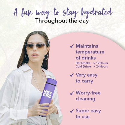 Hey Girl Tea Infuser Bottle 450ml - Insulated Stainless Steel Water Bottle - Tea Tumbler with Tea Diffuser - Portable Travel Mug for Loose Leaf Tea & Infused Water - Tea Lovers Gifts for Women (Pink)