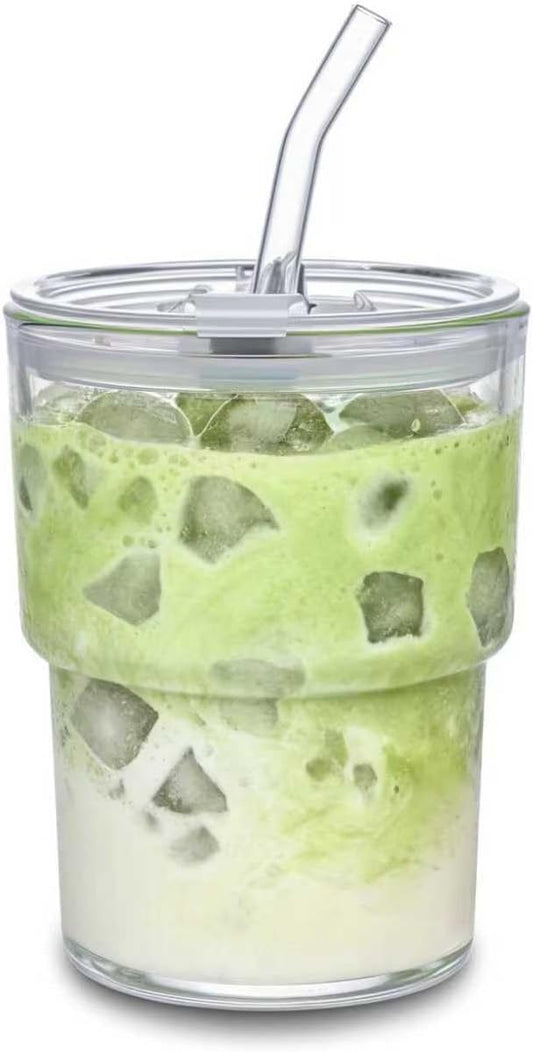 13oz Glass Tumbler with Straw and Lid Sealed, Carry On Reusable Iced Coffee Cups,Thick Wall Glass Coffee Drinking Glassware Cups