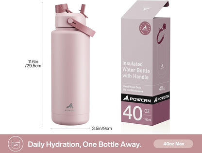 POWCAN 26 oz Insulated Water Bottle with 2-in-1 Straw and Spout Lid, Keep Cold 24H, Leak-Proof, Fits in Car Cup Holder, Stainless Steel Water Bottle for Sports, Travel, and School (Mint)