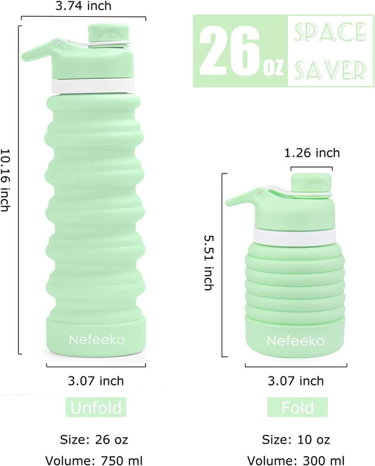Nefeeko Collapsible Water Bottle, 26oz Silicone Foldable Water Bottles Leakproof BPA Free Travel Water Bottles with Carabiner, Portable Sport Water Bottles for Camping,Hiking Outdoor Indoor Sport