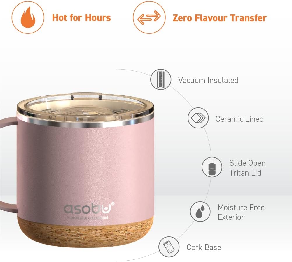 asobu Ultimate Ceramic Travel Mug, 12oz Insulated Stainless Steel Coffee Cup with Handle & Splash-Resistant Lid, Ceramic Lined for Pure Taste, BPA-Free, Double-Wall Vacuum for Hot Drinks