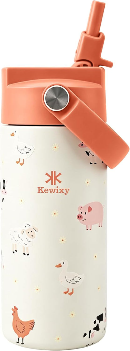 KEWIXY Kids Water Bottle for School, Easy Slide Lid, Leak Proof, Keep Cold 24H, Vacuum Insulated Tumbler, Metal Stainless Steel with Straw and Handle, for Boys&Girls (18OZ, Candy Pink)