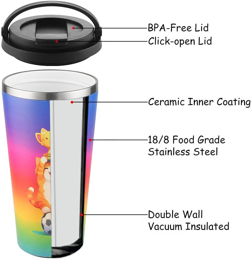 Funkrin Insulated Coffee Mug with Ceramic Coating, 16oz Iced Coffee Tumbler Cup with Flip Lid and Handle, Double Wall Vacuum Leak-Proof Travel Mug for Office School Party Camping