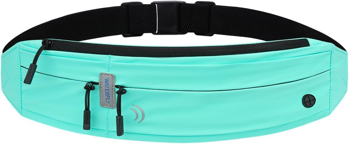 WATERFLY Running Belt Fanny Pack: Runner Marathon Jogging Waist Pack Sport Workout Exercise Fitness Phone Holder Belt for Men Women Jogger Slim Waist Bag Black