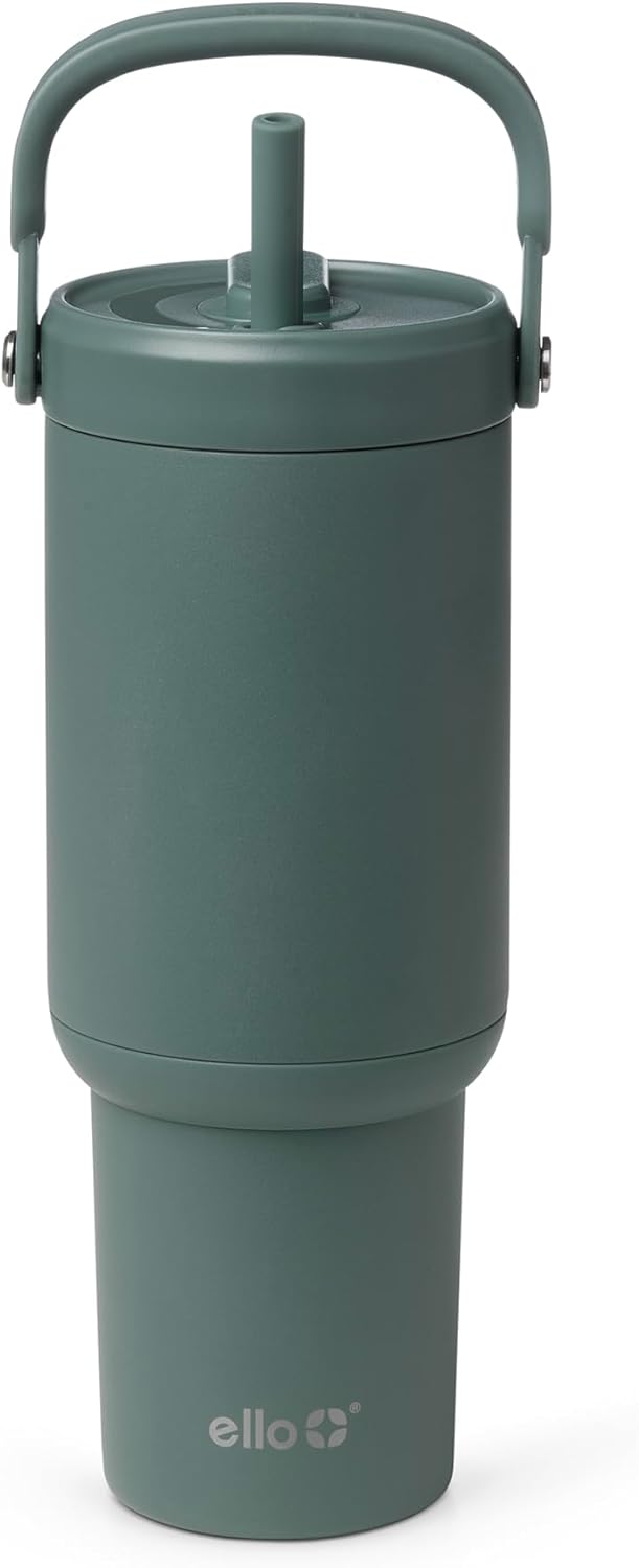 Ello Oasis Go+ 26oz Tumbler with Top Handle and Retracting Straw | Reusable Insulated Stainless Steel Cup, 100% Leakproof Water Bottle, 24 Hours Cold, Cup Holder Friendly For Travel | Wild Rasberry