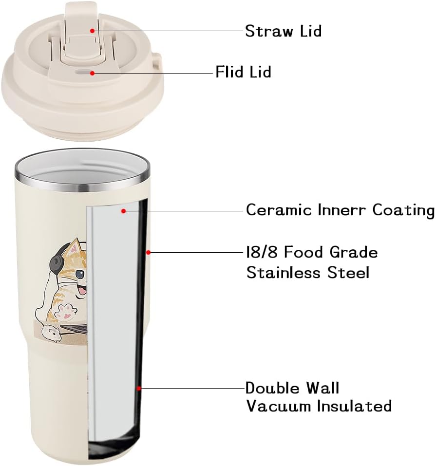 Funkrin Insulated Coffee Mug with Straw & Flip Lid, 24oz Tumbler Cup with Ceramic Coating, Double Wall Vacuum Leak-Proof Travel Mug wiht Tea Infuser for Office School Party Camping