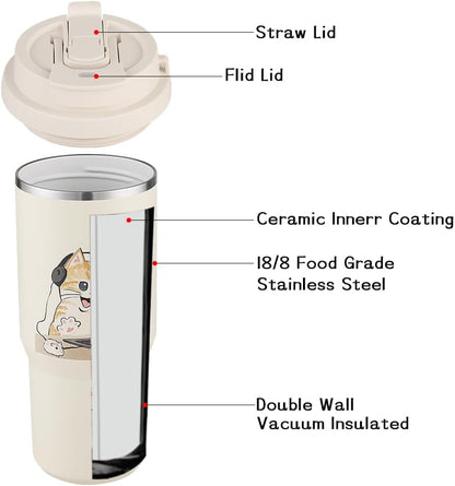Funkrin Insulated Coffee Mug with Straw & Flip Lid, 24oz Tumbler Cup with Ceramic Coating, Double Wall Vacuum Leak-Proof Travel Mug wiht Tea Infuser for Office School Party Camping