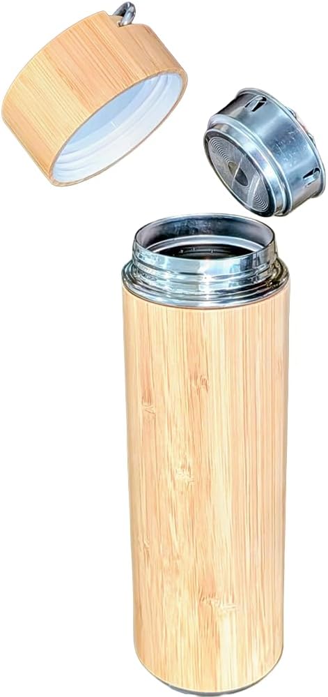 Bamboo Tea Tumbler with Infuser - 17oz Double Wall Vacuum Insulated Stainless Steel Travel Mug | Leakproof Thermal Flask with Strainer for Loose Leaf Tea, Coffee and Fruit Water
