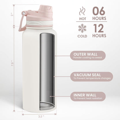 SANDJEST Pickleball Stainless Steel Water Bottle with Strap 32oz, Insulated Bottles with Straw and Spout Lid for Gym Sports Travel Outdoor, Gifts for Women Girls Birthday Christmas