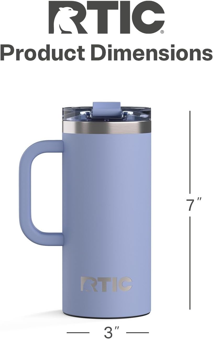 RTIC 20oz Road Trip Travel Mug with Lid and Handle, Ceramic Lined, Insulated, Stainless Steel, Metal, Double Wall Vacuum-Insulation, Portable Coffee, Tea Cup for Hot and Cold Drink, Black