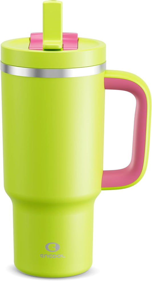 40 oz Tumbler with Handle and Straw: Stainless Steel Insulated Tumbler Keeps Cold for 24 Hours, Leakproof Travel Cup Fits in Cup Holder and BPA-Free, Cotton Candy