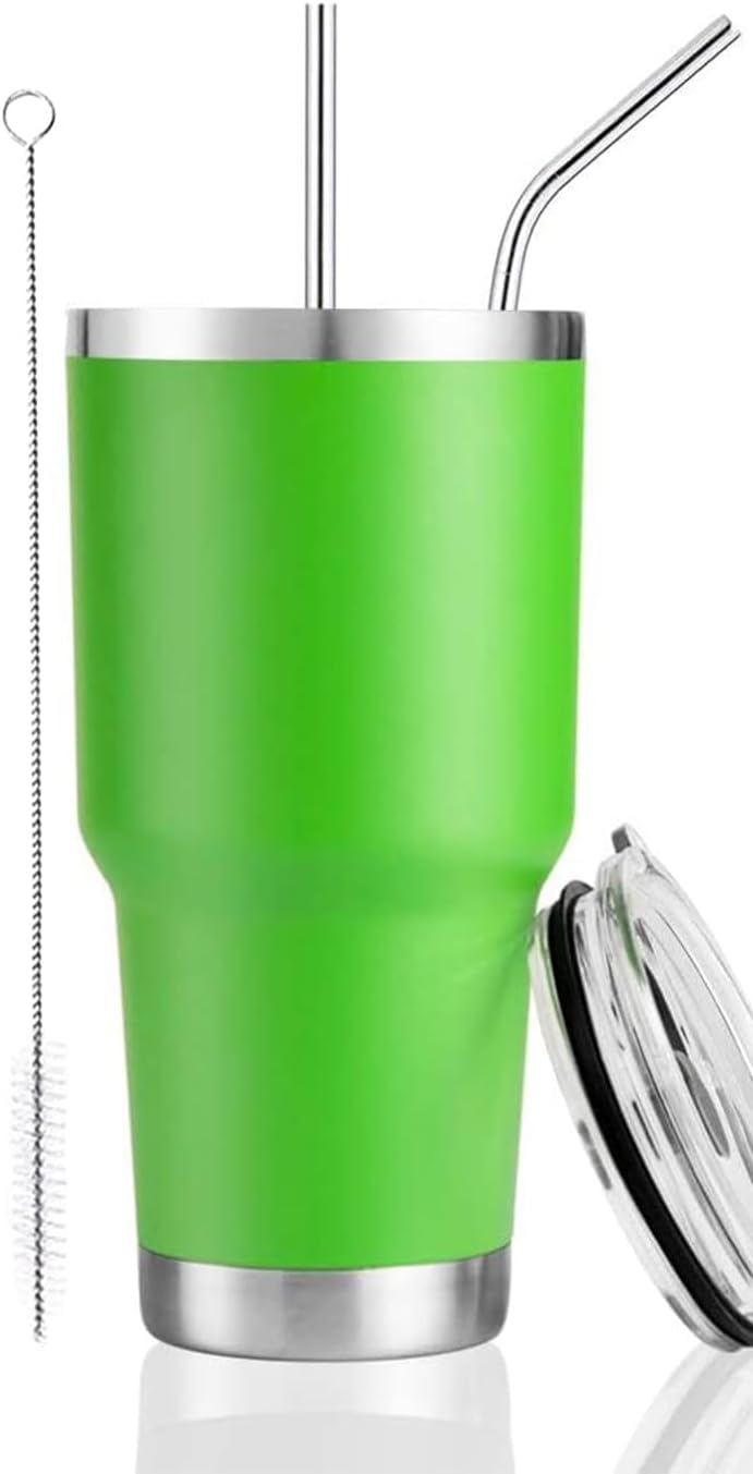 D·S 30oz Blue Tumbler Stainless Steel Double Wall Vacuum Insulated Mug with Straw and Lid, Cleaning Brush for Cold and Hot Beverages