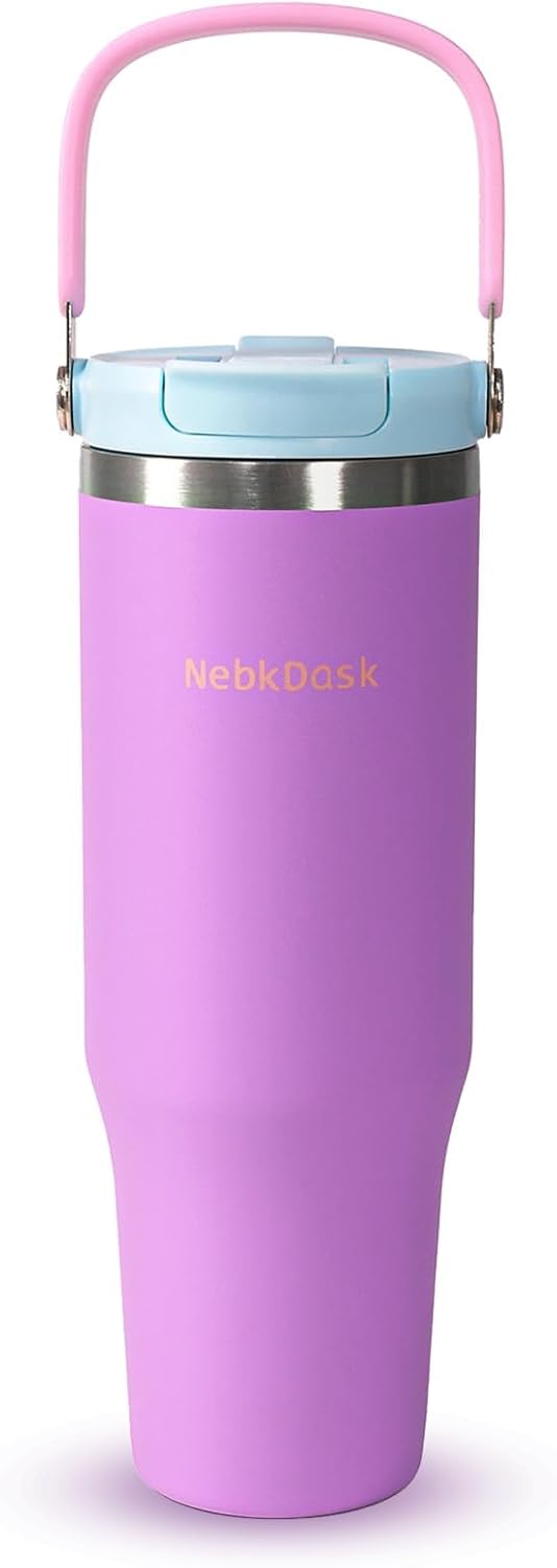 40 oz Insulated Stainless Steel Bottle with 2-in-1 Straw and Spout Lid, Water Bottle with Carry Handle Keep Cold 24H, Leak-Proof, Fits in Car Cup Holder, Travel, and School（off-White）