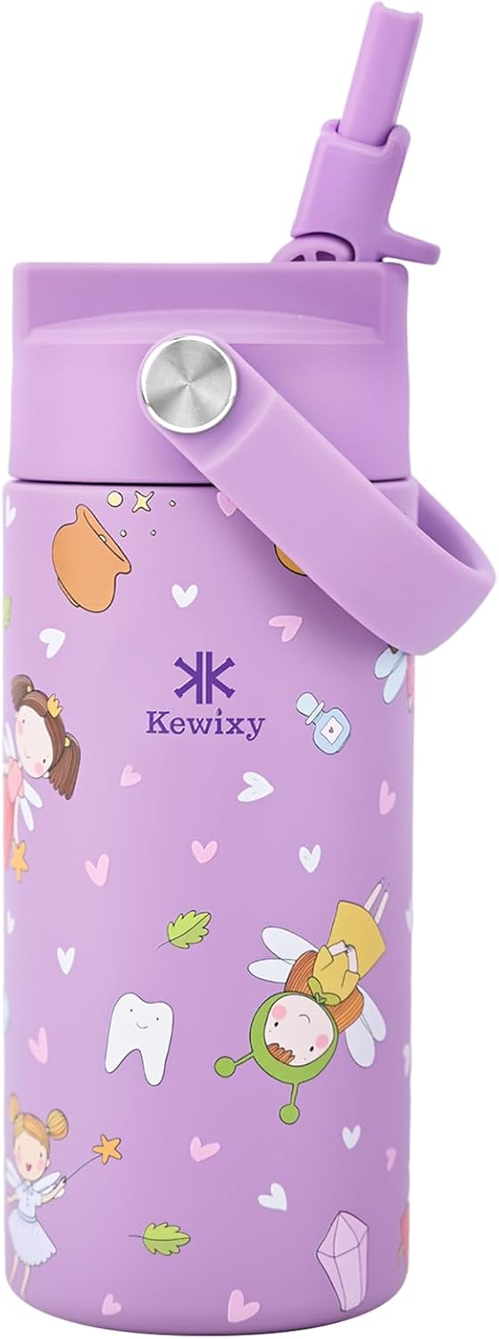 KEWIXY Kids Water Bottle for School, Easy Slide Lid, Leak Proof, Keep Cold 24H, Vacuum Insulated Tumbler, Metal Stainless Steel with Straw and Handle, for Boys&Girls (18OZ, Candy Pink)