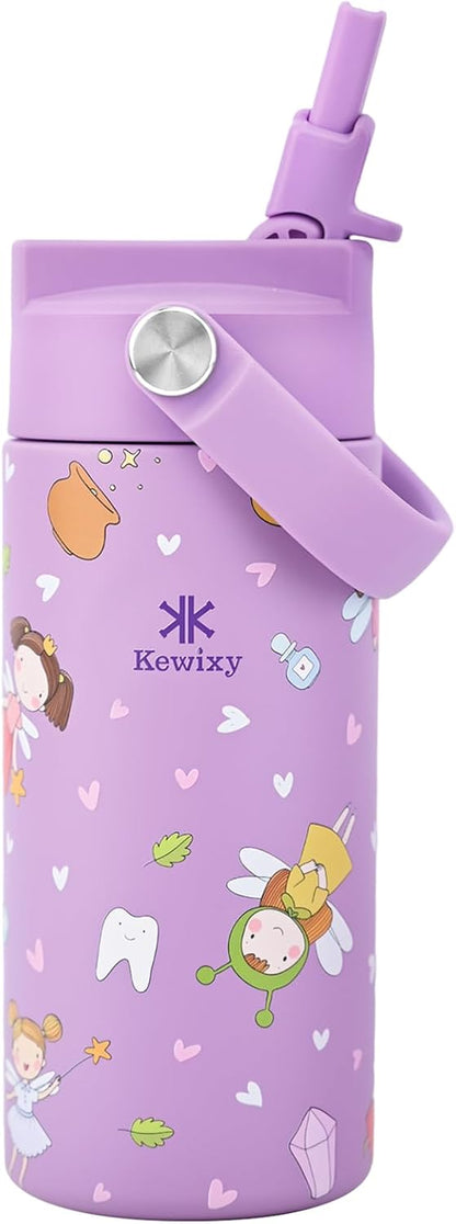 KEWIXY Kids Water Bottle for School, Easy Slide Lid, Leak Proof, Keep Cold 24H, Vacuum Insulated Tumbler, Metal Stainless Steel with Straw and Handle, for Boys&Girls (18OZ, Candy Pink)