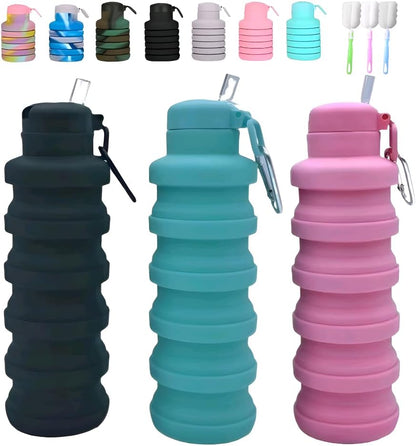 Collapsible water bottles 2 Pack with brush,BPA Free Travel Silicone Water Bottle with Carabiner,Reusable Foldable Portable Lightweight Sports bottles for Gym Camping Hiking (Black+Aqua blue)