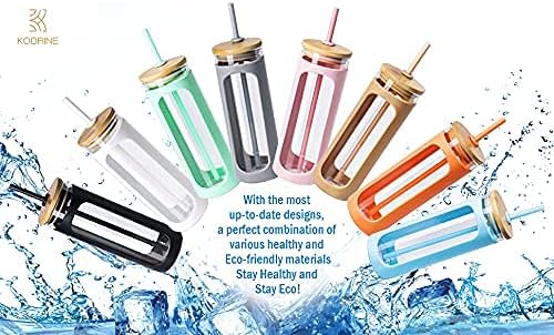 Kodrine 20oz Glass Water Tumbler with Straw and Lid, Bamboo Lids Water Bottle, Iced Coffee Cup Reusable, Wide Mouth Smoothie Cups with Protective Silicone Sleeve BPA FREE-Black - Colors A