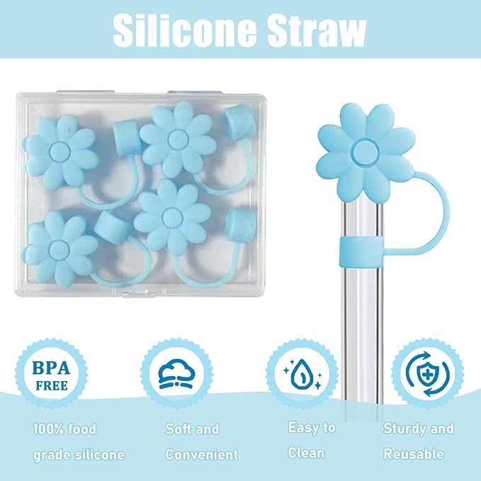 Flower Straw Covers Toppers for Stanley Cups 30&40 Oz Tumbler with Handle Accessories 4PCS Silicone Straw Caps Reusable Straws Tips Protectors for Stanley Cup 10mm 0.4in Straws,Off White