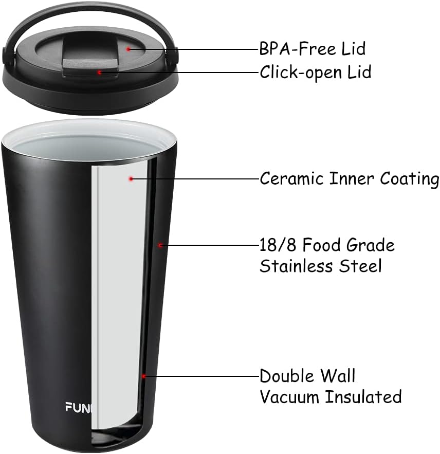 Funkrin Insulated Coffee Mug with Ceramic Coating, 16oz Iced Coffee Tumbler Cup with Flip Lid and Handle, Double Wall Vacuum Leak-Proof Travel Mug for Office School Party Camping