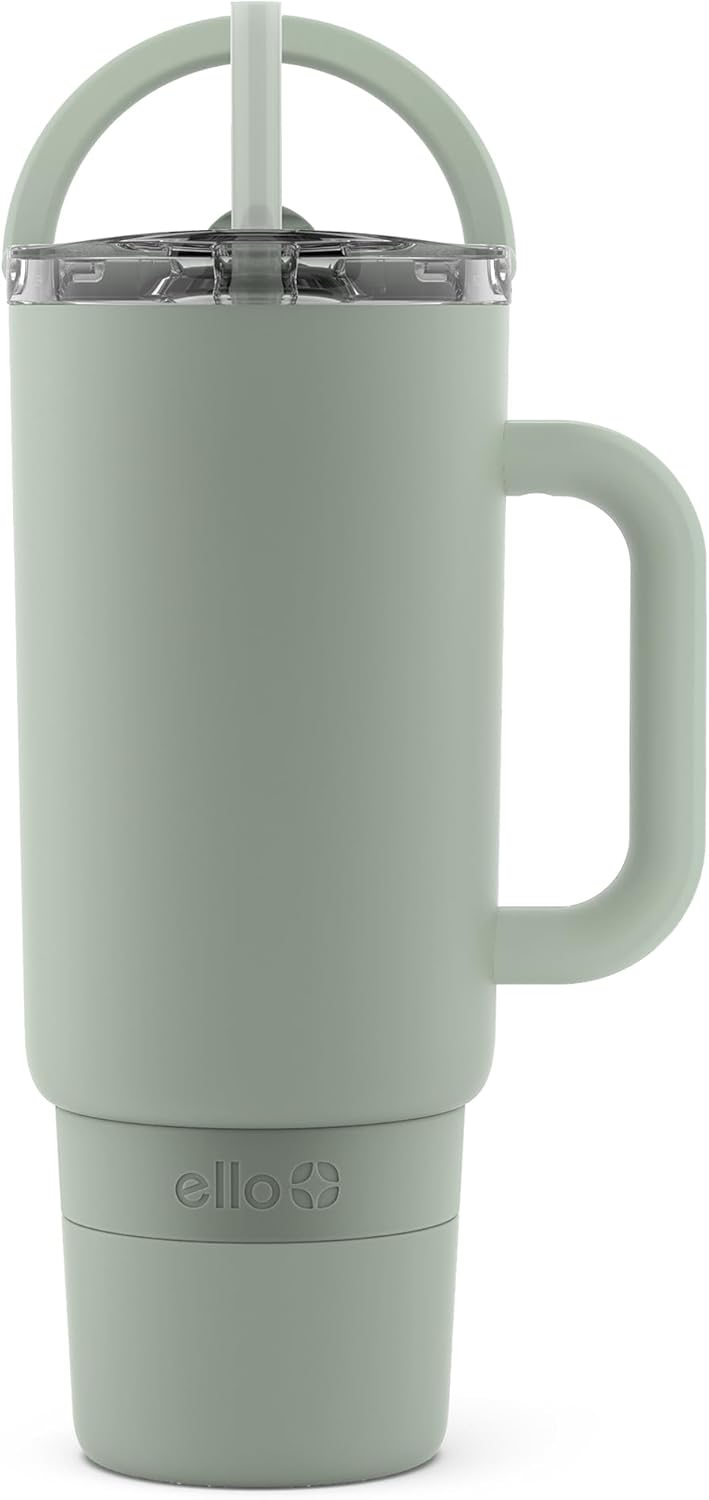 Ello Port 40oz Tumbler with Carry Loop & Integrated Handle, Vacuum Insulated Stainless Steel Reusable Water Bottle, Travel Mug with Leak Proof Lid & Straw, Perfect for Iced Coffee & Tea, White