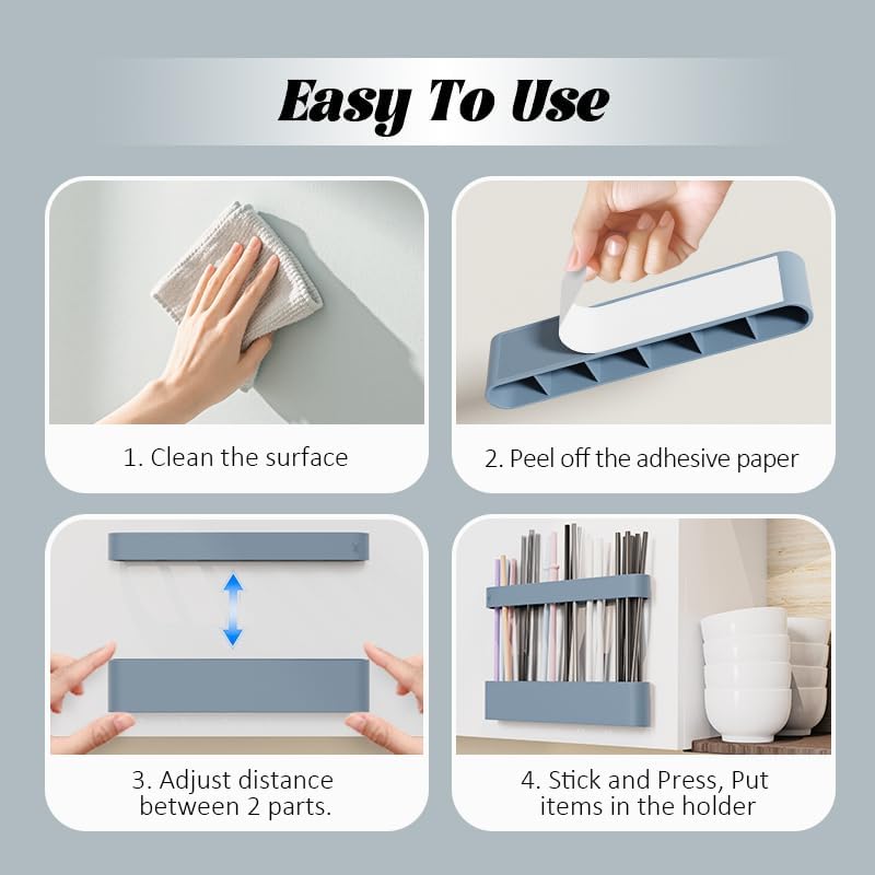 Silicone Straw Holder Self-Adhesive Straw Dispenser with 6 Slots Reusable Drinking Straw Storage Organizer Kitchen Accessories Container for Cabinet Fridge Cupboard Door (Blue)