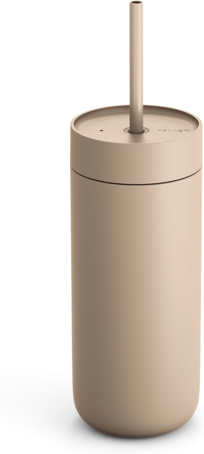 Fellow 16 oz Carter Cold Travel Mug for Water, Iced Tea, Coffee, Smoothies, Iced Coffee & more - Stainless Steel Vacuum-Insulated Iced Coffee tumbler with Spill Resistant lid and straw - Sienna