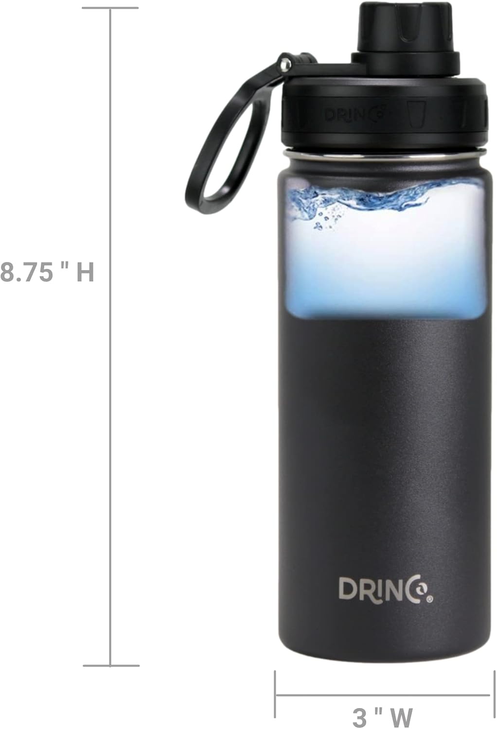 Drinco Stainless Steel Water Bottle Spout Lid Vacuum Insulated Double Wall Water Bottle Wide Mouth (40oz 32oz 22oz 18oz 14oz) Leak Proof Keep Cold Sport Camping Hiking (22 oz, 22oz Black)