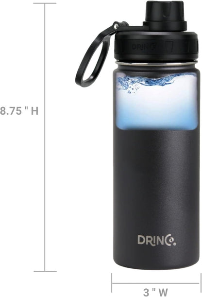 Drinco Stainless Steel Water Bottle Spout Lid Vacuum Insulated Double Wall Water Bottle Wide Mouth (40oz 32oz 22oz 18oz 14oz) Leak Proof Keep Cold Sport Camping Hiking (22 oz, 22oz Black)