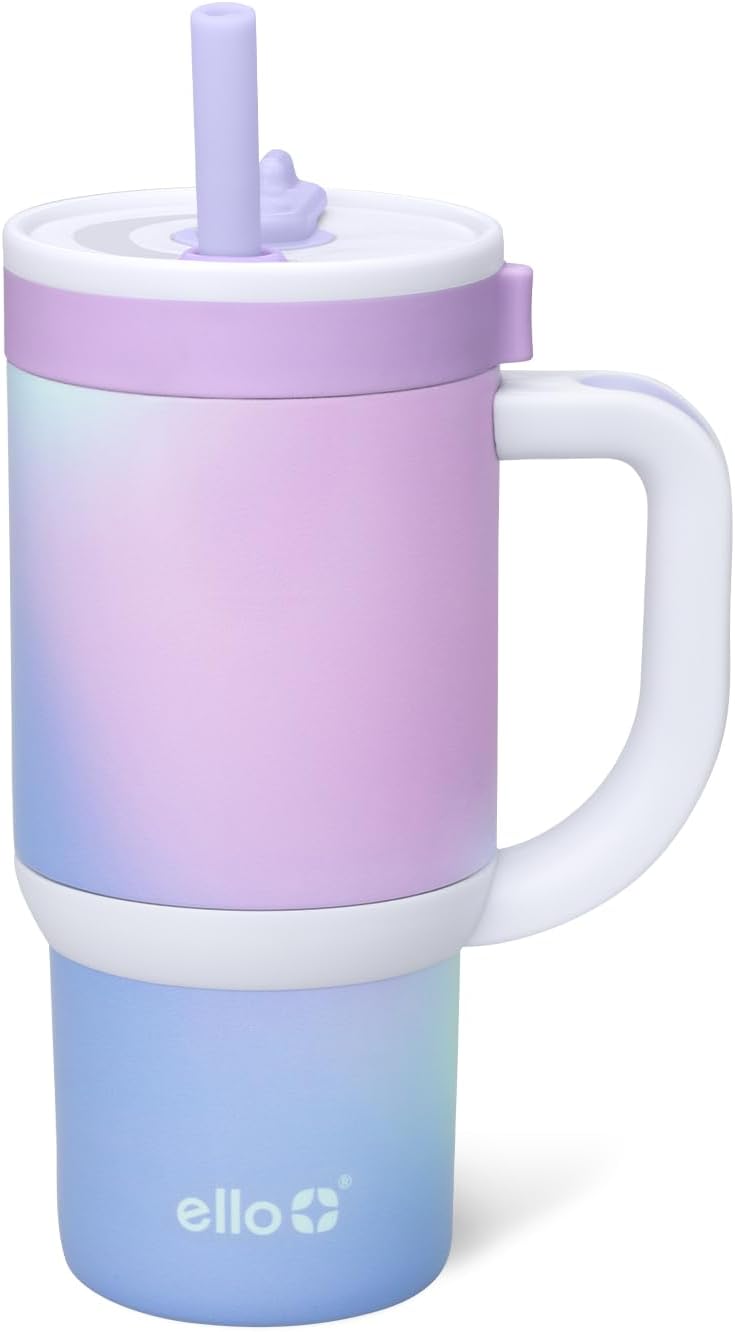 Ello Oasis 18oz Kids Tumbler with Handle & Retracting Straw, 100% Leakproof Reusable Insulated Stainless Steel Cup, Gifts for Teens Girls Boys, Keeps cold for 18 Hours, Cup Holder Friendly, Glacier