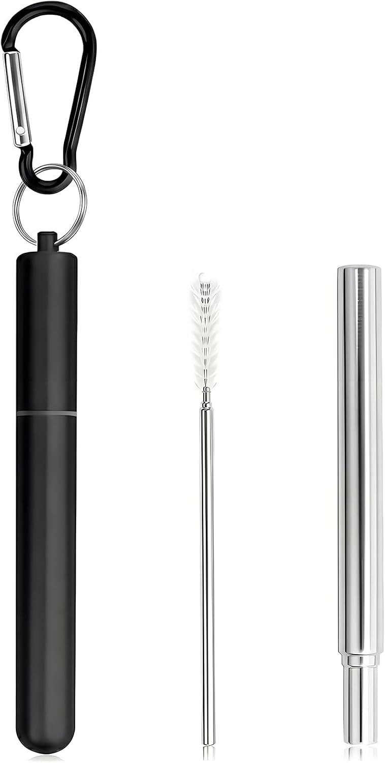 Collapsible Stainless Steel Drinking Straws with Aluminum Case, Cleaning Brush, and Keychains（Black+Silver）