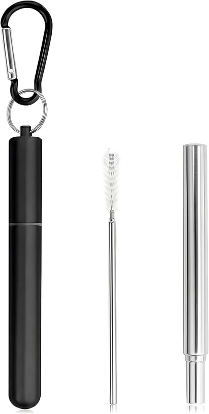 Collapsible Stainless Steel Drinking Straws with Aluminum Case, Cleaning Brush, and Keychains（Black+Silver）