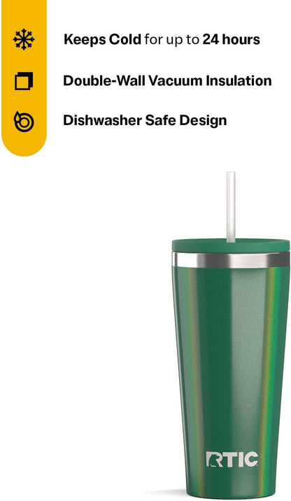 RTIC 20oz Everyday Tumbler Insulated Stainless Steel Portable Travel Coffee Cup with Straw, Ceramic Lining, Spill-Resistant Lid, BPA-Free, Hot and Cold Drink, Beach