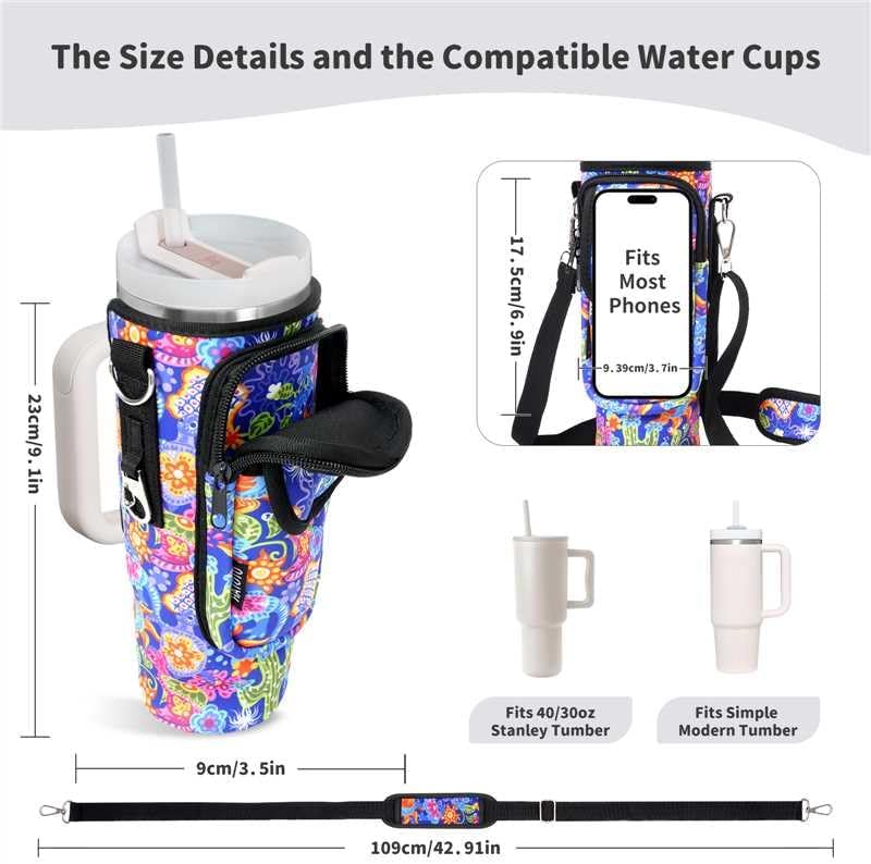 Water Bottle Holder with Strap for Stanley Cup 40/30oz, Insulated Neoprene Stanley Cup Holder with Strap for Tumbler with Handle Stanley Carrier Bag Cross-body Bag for Walking