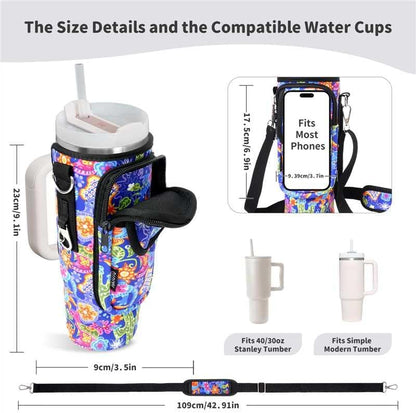 Water Bottle Holder with Strap for Stanley Cup 40/30oz, Insulated Neoprene Stanley Cup Holder with Strap for Tumbler with Handle Stanley Carrier Bag Cross-body Bag for Walking